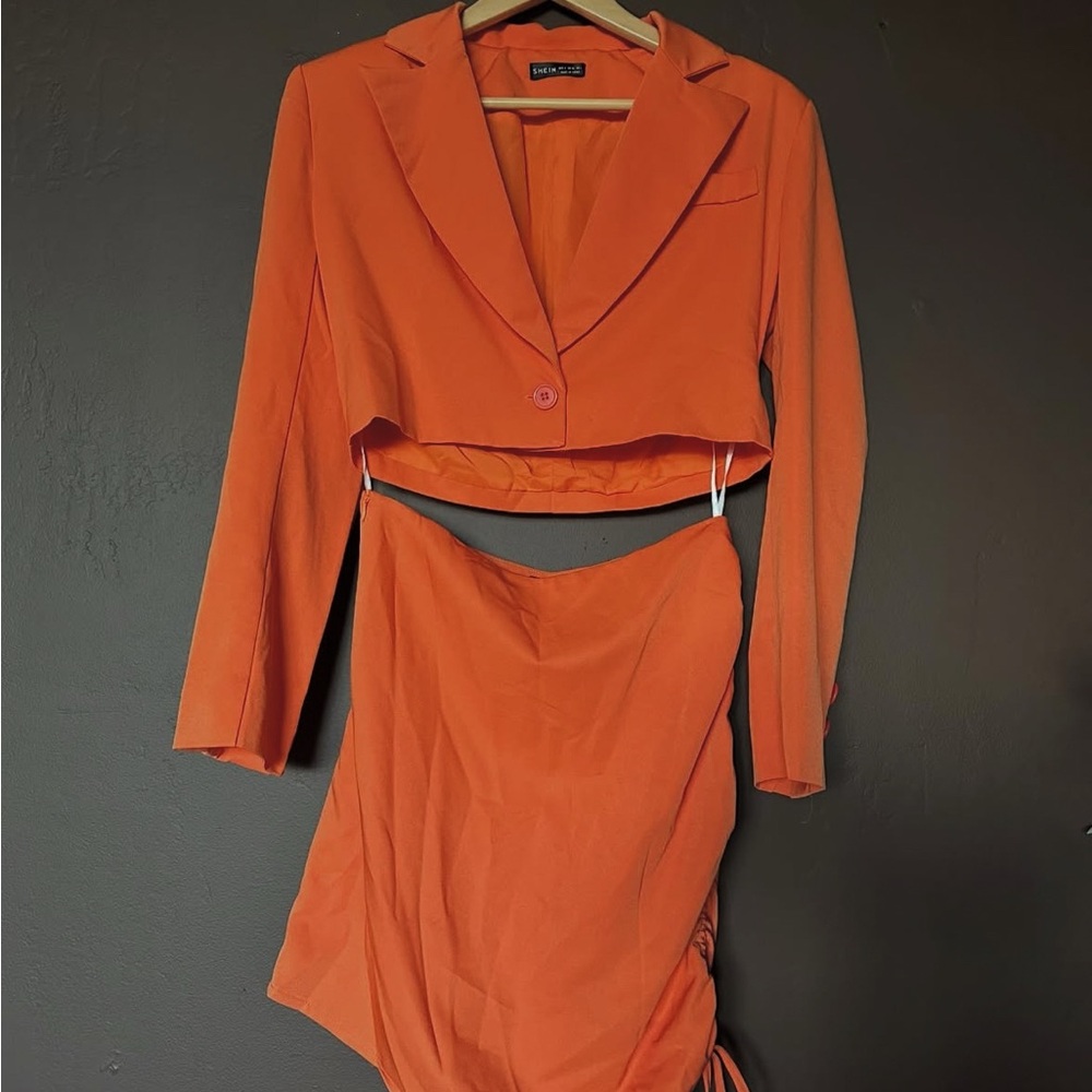 Vibrant Orange Skirt & Blazer Set